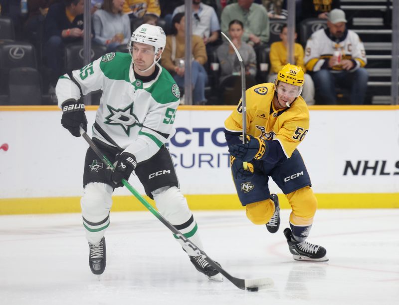 Nov 8, 2025; Nashville, Tennessee, USA; Dallas Stars defenseman Thomas Harley (55) looks to pass the puck as Nashville Predators left wing Erik Haula (56) approaches during the first period at Bridgestone Arena. Mandatory Credit: Alan Poizner-Imagn Images