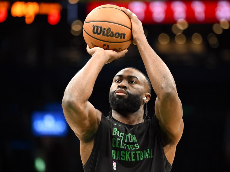 BOSTON, MASSACHUSETTS - APRIL 07: Jaylen Brown #7 of the Boston Celtics takes a shot during warmups before a game against the Portland Trail Blazers at the TD Garden on April 07, 2024 in Boston, Massachusetts. NOTE TO USER: User expressly acknowledges and agrees that, by downloading and or using this photograph, User is consenting to the terms and conditions of the Getty Images License Agreement. (Photo by Brian Fluharty/Getty Images)