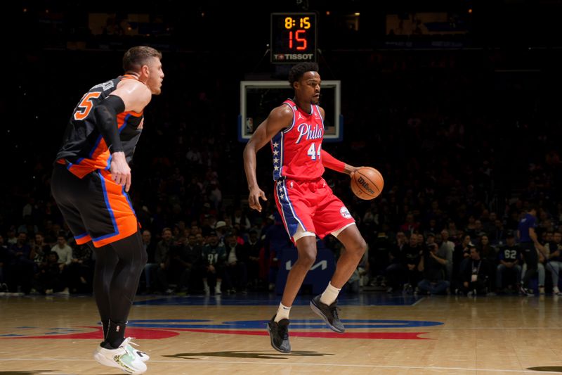 PHILADELPHIA, PA - FEBRUARY 10: Paul Reed #44 of the Philadelphia 76ers dribbles the ball during the game against the New York Knicks on February 10, 2023 at the Wells Fargo Center in Philadelphia, Pennsylvania NOTE TO USER: User expressly acknowledges and agrees that, by downloading and/or using this Photograph, user is consenting to the terms and conditions of the Getty Images License Agreement. Mandatory Copyright Notice: Copyright 2023 NBAE (Photo by Jesse D. Garrabrant/NBAE via Getty Images)