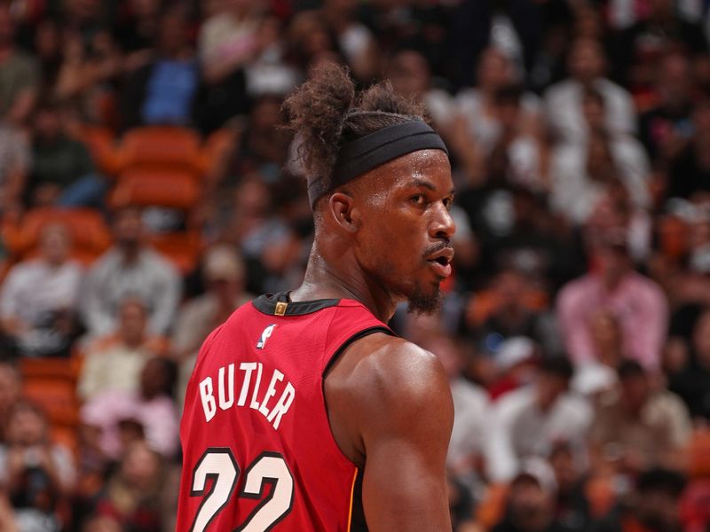 MIAMI, FL - MARCH 10: Jimmy Butler #22 of the Miami Heat looks on during the game against the Washington Wizards on March 10, 2024 at Kaseya Center in Miami, Florida. NOTE TO USER: User expressly acknowledges and agrees that, by downloading and or using this Photograph, user is consenting to the terms and conditions of the Getty Images License Agreement. Mandatory Copyright Notice: Copyright 2024 NBAE (Photo by Issac Baldizon/NBAE via Getty Images)