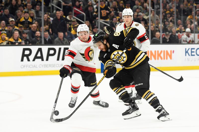 Apr 16, 2024; Boston, Massachusetts, USA;  Ottawa Senators defenseman Erik Brannstrom (26) pokes the puck away from Boston Bruins right wing David Pastrnak (88) during the third period at TD Garden. Mandatory Credit: Bob DeChiara-USA TODAY Sports