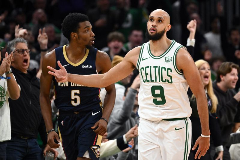 BOSTON, MASSACHUSETTS - JANUARY 29: Derrick White #9 of the Boston Celtics reacts after scoring a three-point basket against the New Orleans Pelicans during the fourth quarter at the TD Garden on January 29, 2024 in Boston, Massachusetts. NOTE TO USER: User expressly acknowledges and agrees that, by downloading and or using this photograph, User is consenting to the terms and conditions of the Getty Images License Agreement. (Photo by Brian Fluharty/Getty Images)