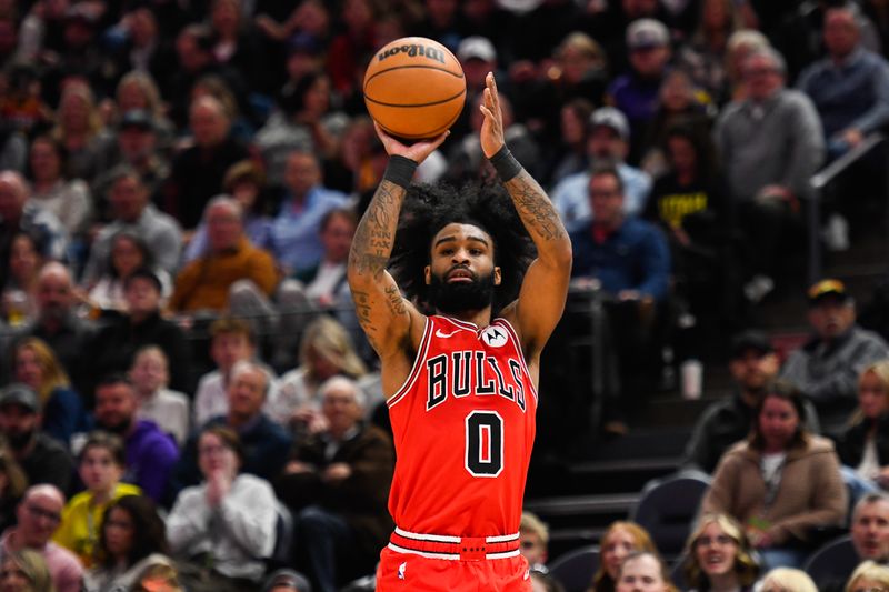 SALT LAKE CITY, UTAH - MARCH 06: Coby White #0 of the Chicago Bulls shoots during the first half of a game against the Utah Jazz at Delta Center on March 06, 2024 in Salt Lake City, Utah. NOTE TO USER: User expressly acknowledges and agrees that, by downloading and or using this photograph, User is consenting to the terms and conditions of the Getty Images License Agreement.  (Photo by Alex Goodlett/Getty Images)