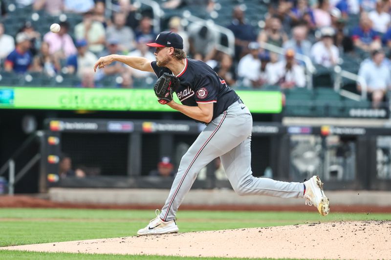 Jul 9, 2024; New York City, New York, USA;  Washington Nationals staring pitcher Jake Irvin (27) pitches in the first inning against the New York Mets at Citi Field. Mandatory Credit: Wendell Cruz-USA TODAY Sports