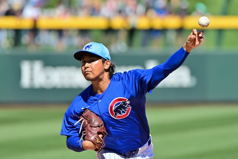 Mar 8, 2024; Mesa, Arizona, USA;  Chicago Cubs starting pitcher Shota Imanaga (18) throws in the second inning against the Seattle Mariners during a spring training game at Sloan Park. Mandatory Credit: Matt Kartozian-USA TODAY Sports