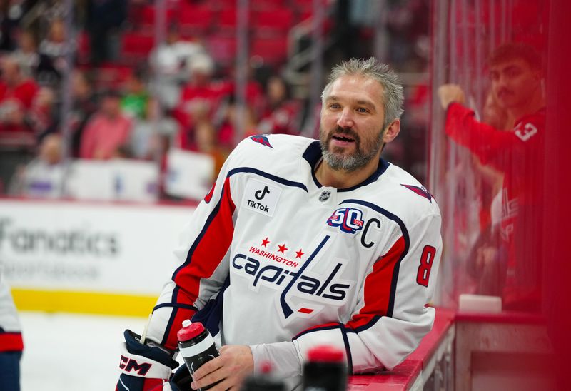 Nov 3, 2024; Raleigh, North Carolina, USA;  Washington Capitals left wing Alex Ovechkin (8) looks on during the warmups gf against the Carolina Hurricanes against the Carolina Hurricanes at Lenovo Center. Mandatory Credit: James Guillory-Imagn Images