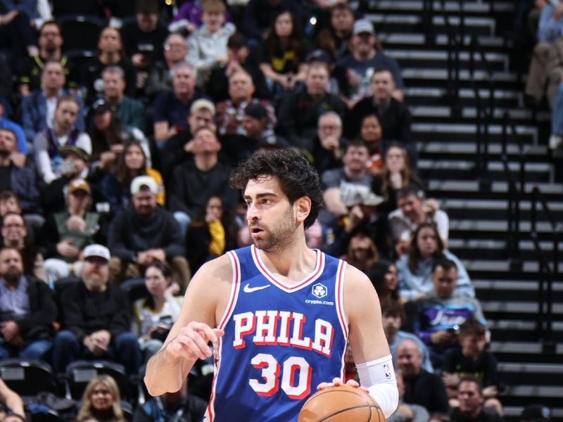 SALT LAKE CITY, UT - FEBRUARY 1: Furkan Korkmaz #30 of the Philadelphia 76ers dribbles the ball during the game against the Utah Jazz on February 1, 2024 at Delta Center in Salt Lake City, Utah. NOTE TO USER: User expressly acknowledges and agrees that, by downloading and or using this Photograph, User is consenting to the terms and conditions of the Getty Images License Agreement. Mandatory Copyright Notice: Copyright 2024 NBAE (Photo by Melissa Majchrzak/NBAE via Getty Images)