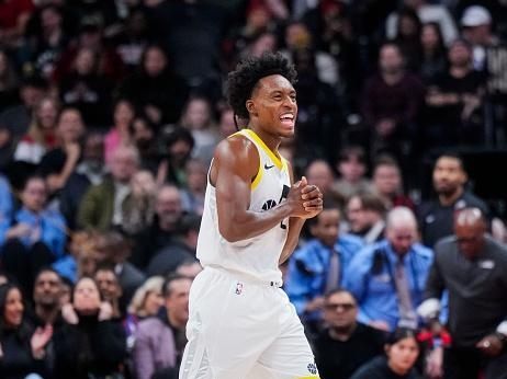 TORONTO, ON - DECEMBER 23: Collin Sexton #2 of the Utah Jazz smiles while playing the Toronto Raptors during the first half of their basketball game at the Scotiabank Arena on December 23, 2023 in Toronto, Ontario, Canada. NOTE TO USER: User expressly acknowledges and agrees that, by downloading and/or using this Photograph, user is consenting to the terms and conditions of the Getty Images License Agreement. (Photo by Mark Blinch/Getty Images)