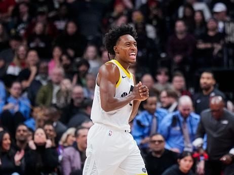 TORONTO, ON - DECEMBER 23: Collin Sexton #2 of the Utah Jazz smiles while playing the Toronto Raptors during the first half of their basketball game at the Scotiabank Arena on December 23, 2023 in Toronto, Ontario, Canada. NOTE TO USER: User expressly acknowledges and agrees that, by downloading and/or using this Photograph, user is consenting to the terms and conditions of the Getty Images License Agreement. (Photo by Mark Blinch/Getty Images)