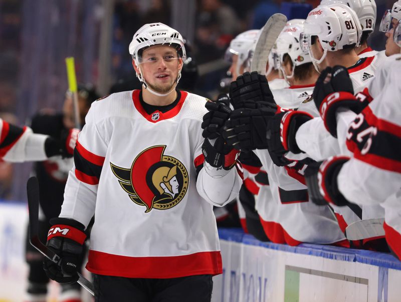 Jan 11, 2024; Buffalo, New York, USA;  Ottawa Senators right wing Vladimir Tarasenko (91) celebrates his goal with teammates during the first period against the Buffalo Sabres at KeyBank Center. Mandatory Credit: Timothy T. Ludwig-USA TODAY Sports