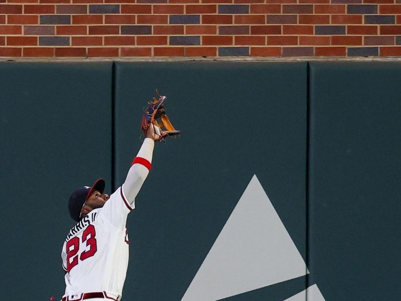 Sep 7, 2023; Atlanta, Georgia, USA; Atlanta Braves center fielder Michael Harris II (23) catches a fly ball against the St. Louis Cardinals in the ninth inning at Truist Park. Mandatory Credit: Brett Davis-USA TODAY Sports