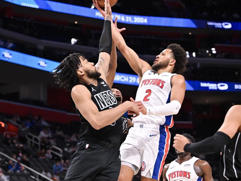 DETROIT, MICHIGAN - MARCH 07: Cade Cunningham #2 of the Detroit Pistons shoots the ball against the Brooklyn Nets during the first half at Little Caesars Arena on March 07, 2024 in Detroit, Michigan. NOTE TO USER: User expressly acknowledges and agrees that, by downloading and or using this photograph, User is consenting to the terms and conditions of the Getty Images License Agreement. (Photo by Luke Hales/Getty Images)