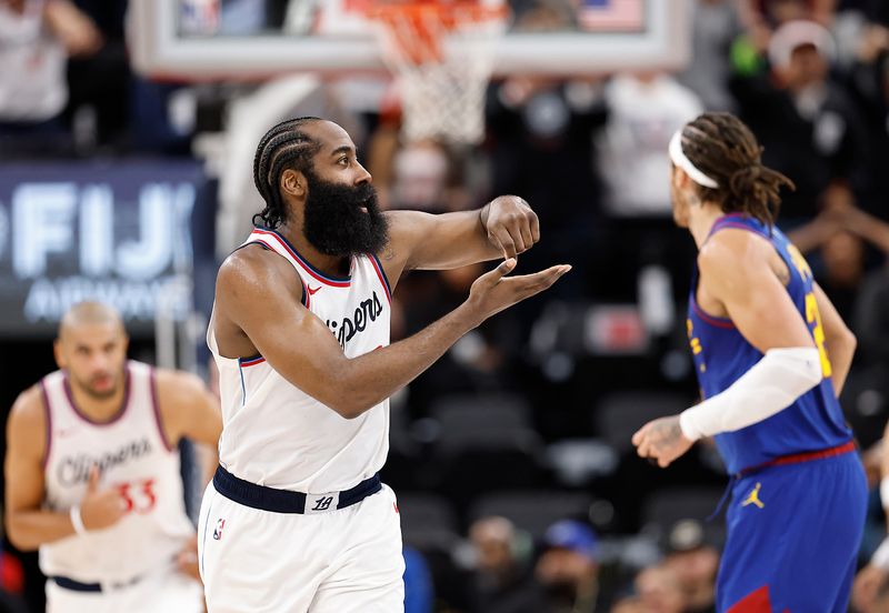 INGLEWOOD, CALIFORNIA - DECEMBER 01:  James Harden #1 of the LA Clippers after scoring against the Denver Nuggets in the second half at Intuit Dome on December 01, 2024 in Inglewood, California.  NOTE TO USER: User expressly acknowledges and agrees that, by downloading and or using this photograph, User is consenting to the terms and conditions of the Getty Images License Agreement. (Photo by Ronald Martinez/Getty Images)