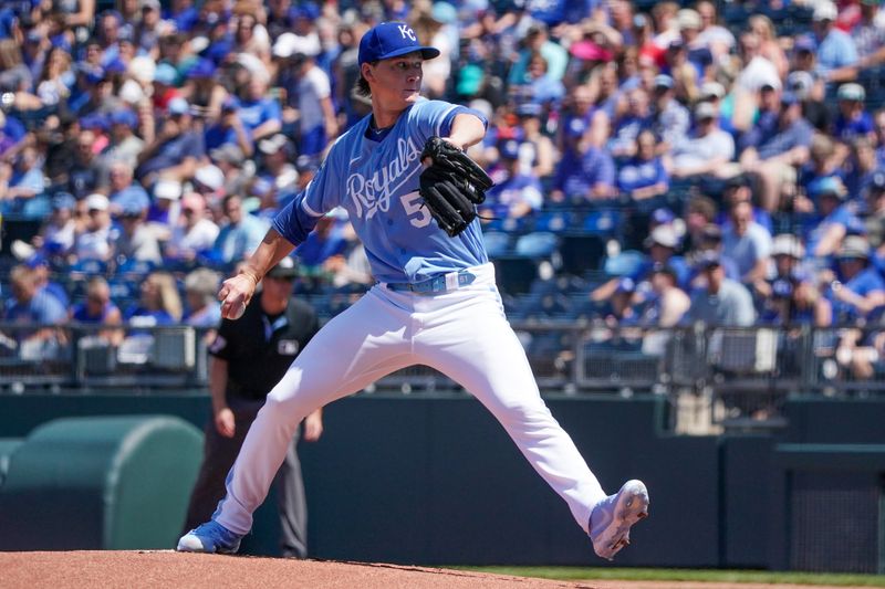 May 27, 2023; Kansas City, Missouri, USA; Kansas City Royals starting pitcher Brady Singer (51) delivers a pitch against the Washington Nationals in the first inning at Kauffman Stadium. Mandatory Credit: Denny Medley-USA TODAY Sports