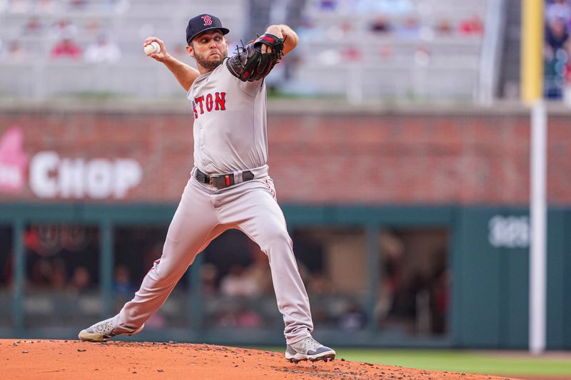 May 7, 2024; Cumberland, Georgia,USA; Boston Red Sox starting pitcher Kutter Crawford (50) pitches against the Atlanta Braves during the first inning at Truist Park. Mandatory Credit: Dale Zanine-USA TODAY Sports