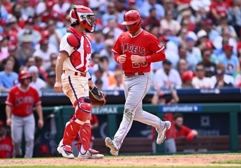 Aug 30, 2023; Philadelphia, Pennsylvania, USA; Los Angeles Angels second baseman Brandon Drury (23) crosses the plate to score against the Philadelphia Phillies in the eighth inning at Citizens Bank Park. Mandatory Credit: Kyle Ross-USA TODAY Sports