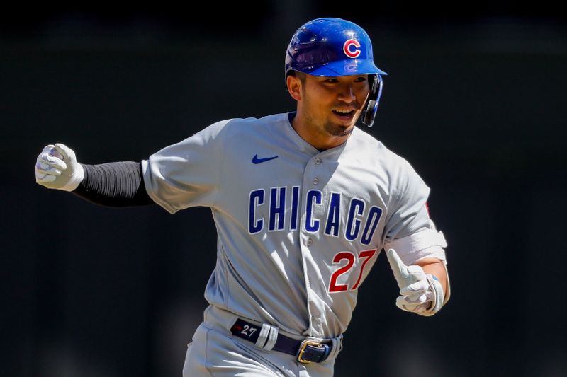 Sep 1, 2023; Cincinnati, Ohio, USA; Chicago Cubs right fielder Seiya Suzuki (27) reacts after hitting a solo home run in the eighth inning against the Cincinnati Reds at Great American Ball Park. Mandatory Credit: Katie Stratman-USA TODAY Sports