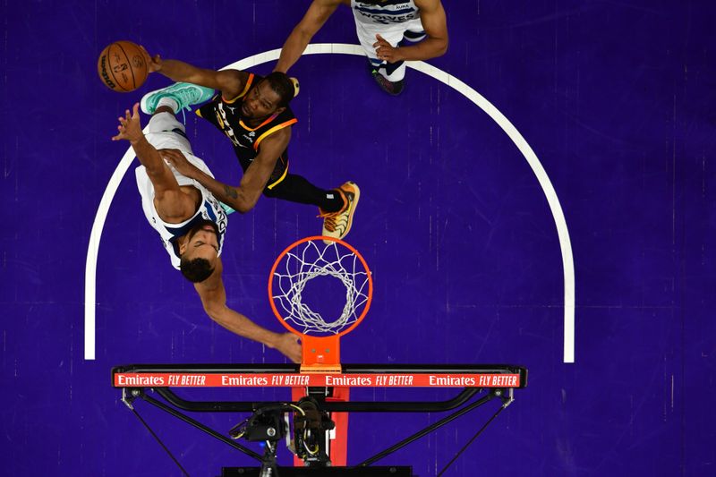 PHOENIX, AZ - APRIL  28: Kevin Durant #35 of the Phoenix Suns shoots the ball during the game against the Minnesota Timberwolves during Round 1 Game 4 of the 2024 NBA Playoffs on April 28, 2024 at Footprint Center in Phoenix, Arizona. NOTE TO USER: User expressly acknowledges and agrees that, by downloading and or using this photograph, user is consenting to the terms and conditions of the Getty Images License Agreement. Mandatory Copyright Notice: Copyright 2024 NBAE (Photo by Kate Frese/NBAE via Getty Images)