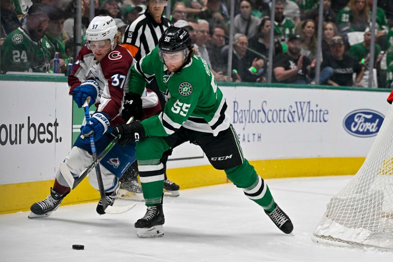 May 15, 2024; Dallas, Texas, USA; Colorado Avalanche center Casey Mittelstadt (37) and Dallas Stars defenseman Thomas Harley (55) chase the puck in the Dallas zone during the first period in game five of the second round of the 2024 Stanley Cup Playoffs at American Airlines Center. Mandatory Credit: Jerome Miron-USA TODAY Sports