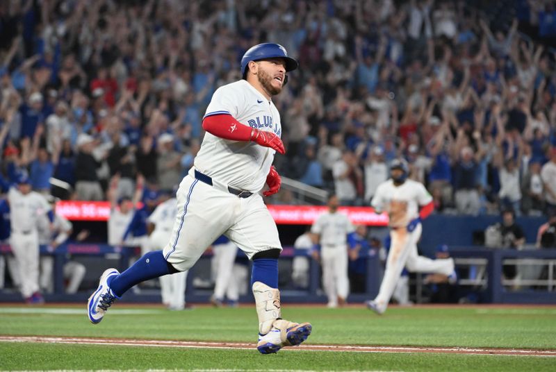 Jun 4, 2025; Toronto, Ontario, CAN;  Toronto Blue Jays catcher Alejandro Kirk (30) hits a walkoff RBI double against the Philadelphia Phillies in the ninth inning at Rogers Centre. Mandatory Credit: Dan Hamilton-Imagn Images