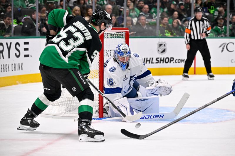 Jan 18, 2026; Dallas, Texas, USA; Tampa Bay Lightning goaltender Andrei Vasilevskiy (88) faces a shot from Dallas Stars center Wyatt Johnston (53) during the second period at the American Airlines Center. Mandatory Credit: Jerome Miron-Imagn Images