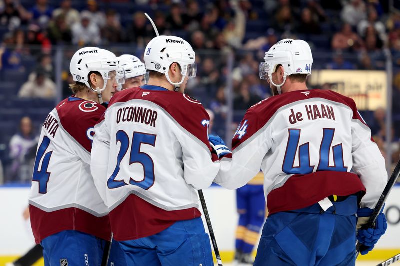 Dec 3, 2024; Buffalo, New York, USA;  Colorado Avalanche left wing Joel Kiviranta (94) celebrates his goal with teammates during the third period against the Buffalo Sabres at KeyBank Center. Mandatory Credit: Timothy T. Ludwig-Imagn Images