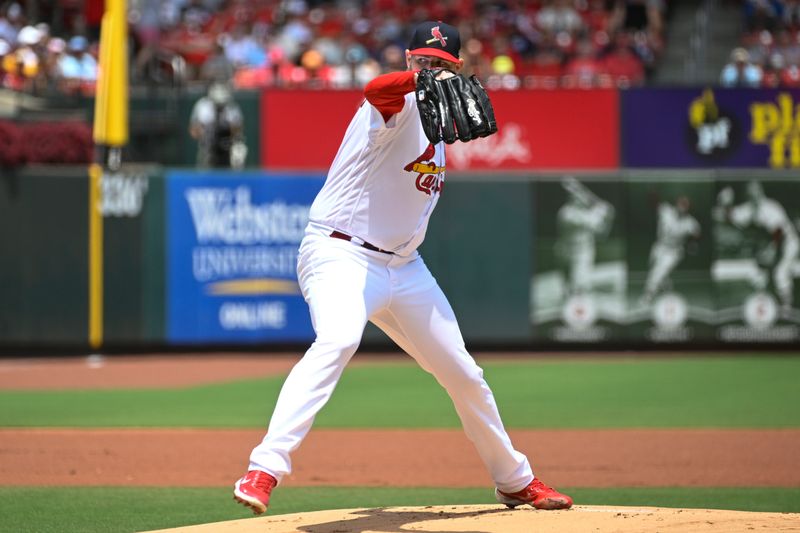 Jul 2, 2023; St. Louis, Missouri, USA; St. Louis Cardinals starting pitcher Jordan Montgomery (47) pitches against the New York Yankees in the first inning at Busch Stadium. Mandatory Credit: Joe Puetz-USA TODAY Sports