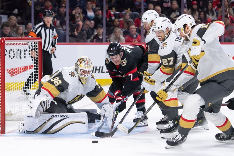 Feb 24, 2024; Ottawa, Ontario, CAN; Ottawa Senators left wing Brady Tkachuk (7) tries to recover the puck following a save by Vegas Golden Knights goalie Logan Thompson (36)  in the first period at the Canadian Tire Centre. Mandatory Credit: Marc DesRosiers-USA TODAY Sports