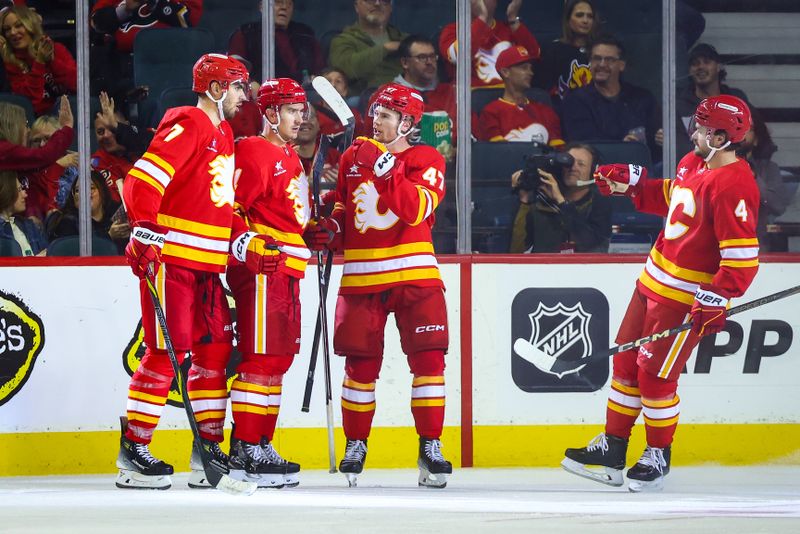 Oct 4, 2024; Calgary, Alberta, CAN; Calgary Flames center Mikael Backlund (11) scores a goal against the Winnipeg Jets during the third period at Scotiabank Saddledome. Mandatory Credit: Sergei Belski-Imagn Images