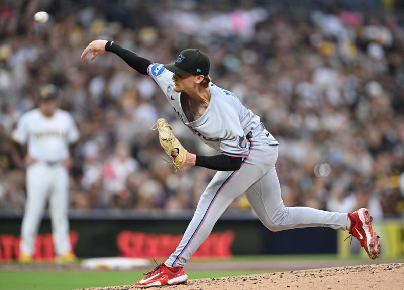 May 27, 2025; San Diego, California, USA; Miami Marlins pitcher Max Meyer (23) delivers during the third inning against the San Diego Padres at Petco Park. Mandatory Credit: Denis Poroy-Imagn Images