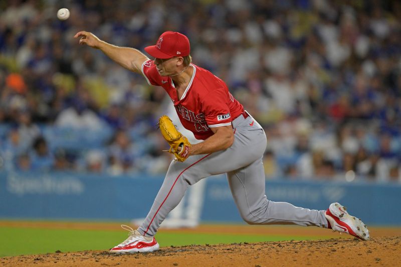 Jun 21, 2024; Los Angeles, California, USA;  Los Angeles Angels relief pitcher Ben Joyce (44) delivers to the plate in the seventh inning against the Los Angeles Dodgers at Dodger Stadium. Mandatory Credit: Jayne Kamin-Oncea-USA TODAY Sports