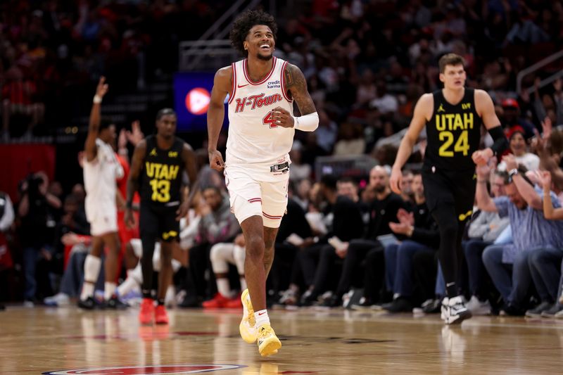 HOUSTON, TEXAS - MARCH 23: Jalen Green #4 of the Houston Rockets reacts after a three point shot in the second half \au at Toyota Center on March 23, 2024 in Houston, Texas.  NOTE TO USER: User expressly acknowledges and agrees that, by downloading and or using this photograph, User is consenting to the terms and conditions of the Getty Images License Agreement. (Photo by Tim Warner/Getty Images)