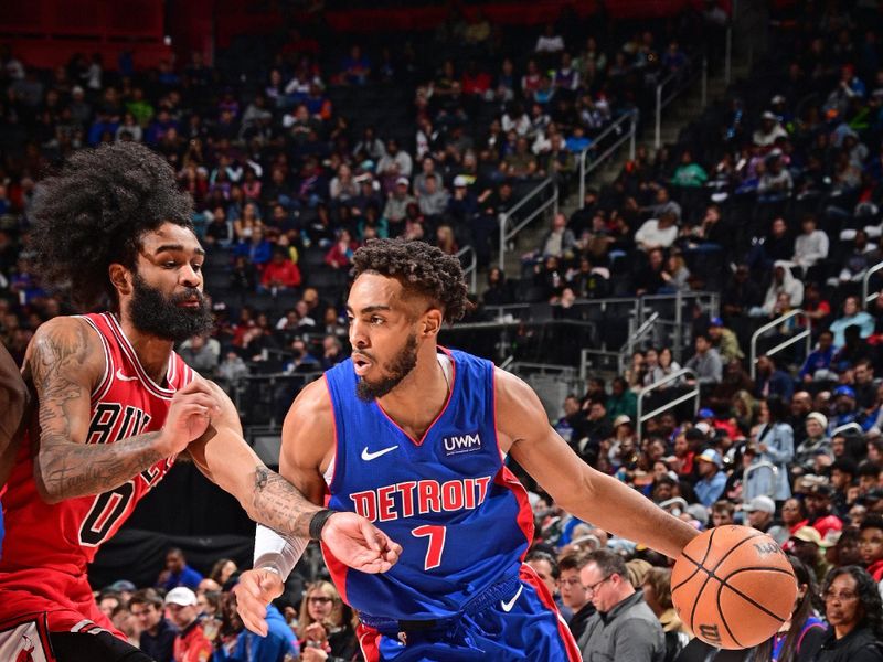 DETROIT, MI - APRIL 11: Troy Brown Jr. #7 of the Detroit Pistons dribbles the ball during the game against the Chicago Bulls on April 11, 2024 at Little Caesars Arena in Detroit, Michigan. NOTE TO USER: User expressly acknowledges and agrees that, by downloading and/or using this photograph, User is consenting to the terms and conditions of the Getty Images License Agreement. Mandatory Copyright Notice: Copyright 2024 NBAE (Photo by Chris Schwegler/NBAE via Getty Images)