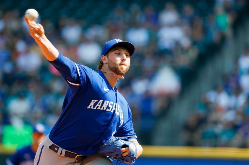 Aug 27, 2023; Seattle, Washington, USA; Kansas City Royals starting pitcher Alec Marsh (67) throws against the Seattle Mariners during the first inning at T-Mobile Park. Mandatory Credit: Joe Nicholson-USA TODAY Sports