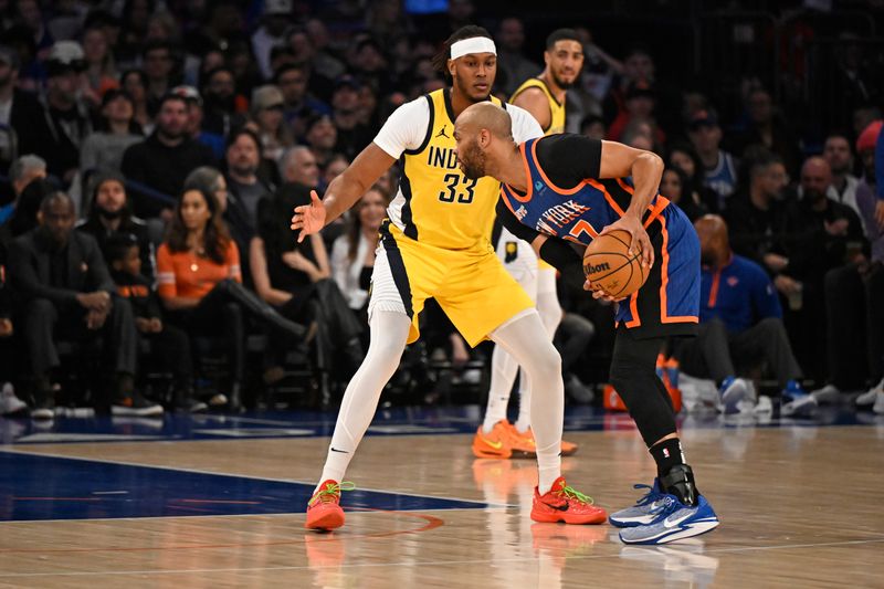 NEW YORK, NY - FEBRUARY 10: Myles Turner #33 of the Indiana Pacers plays defense against Taj Gibson #67 of the New York Knicks during the game on February 10, 2024 at Madison Square Garden in New York City, New York.  NOTE TO USER: User expressly acknowledges and agrees that, by downloading and or using this photograph, User is consenting to the terms and conditions of the Getty Images License Agreement. Mandatory Copyright Notice: Copyright 2024 NBAE  (Photo by David Dow/NBAE via Getty Images)