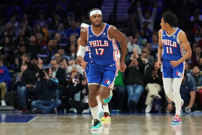 PHILADELPHIA, PA - MARCH 6: Buddy Heild #17 of the Philadelphia 76ers looks on during the game against the Memphis Grizzlies on March 6, 2024 at the Wells Fargo Center in Philadelphia, Pennsylvania NOTE TO USER: User expressly acknowledges and agrees that, by downloading and/or using this Photograph, user is consenting to the terms and conditions of the Getty Images License Agreement. Mandatory Copyright Notice: Copyright 2024 NBAE (Photo by Jesse D. Garrabrant/NBAE via Getty Images)