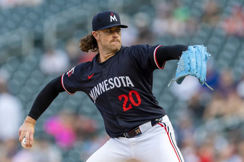 May 14, 2024; Minneapolis, Minnesota, USA; Minnesota Twins starting pitcher Chris Paddack (20) pitches against the New York Yankees in the first inning at Target Field. Mandatory Credit: Jesse Johnson-USA TODAY Sports