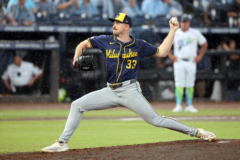 May 10, 2025; St. Petersburg, Florida, USA; Milwaukee Brewers pitcher Tyler Alexander (33) throws a pitch during the fifth inning against the Tampa Bay Rays at George M. Steinbrenner Field. Mandatory Credit: Kim Klement Neitzel-Imagn Images