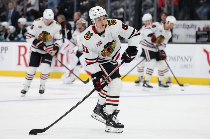 Mar 1, 2026; Salt Lake City, Utah, USA; Chicago Blackhawks center Frank Nazar (91) warms up before a game against the Utah Mammoth at Delta Center. Mandatory Credit: Rob Gray-Imagn Images