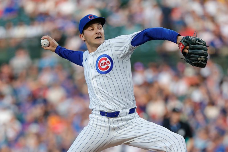 Jul 2, 2024; Chicago, Illinois, USA; Chicago Cubs starting pitcher Hayden Wesneski (19) delivers a pitch against the Philadelphia Phillies during the first inning at Wrigley Field. Mandatory Credit: Kamil Krzaczynski-USA TODAY Sports