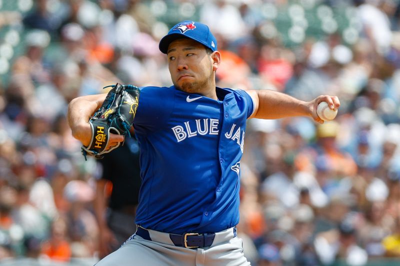 May 26, 2024; Detroit, Michigan, USA; Toronto Blue Jays starting pitcher Yusei Kikuchi (16) pitches during the second inning of the game against the Detroit Tigers at Comerica Park. Mandatory Credit: Brian Bradshaw Sevald-USA TODAY Sports