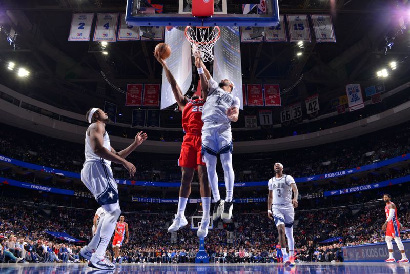 PHILADELPHIA, PA - DECEMBER 6: Guerschon Yabusele #28 of the Philadelphia 76ers drives to the basket during the game against the Orlando Magic on December 6, 2024 at the Wells Fargo Center in Philadelphia, Pennsylvania NOTE TO USER: User expressly acknowledges and agrees that, by downloading and/or using this Photograph, user is consenting to the terms and conditions of the Getty Images License Agreement. Mandatory Copyright Notice: Copyright 2024 NBAE (Photo by Jesse D. Garrabrant/NBAE via Getty Images)