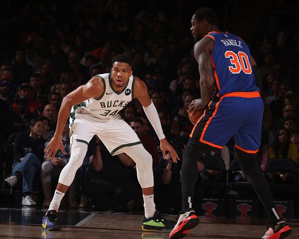 NEW YORK, NY - DECEMBER 23:  Giannis Antetokounmpo #34 of the Milwaukee Bucks plays defense during the game  against Julius Randle #30 of the New York Knicks on December 23, 2023 at Madison Square Garden in New York City, New York.  NOTE TO USER: User expressly acknowledges and agrees that, by downloading and or using this photograph, User is consenting to the terms and conditions of the Getty Images License Agreement. Mandatory Copyright Notice: Copyright 2023 NBAE  (Photo by Nathaniel S. Butler/NBAE via Getty Images)