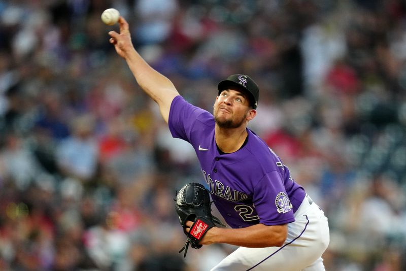 Aug 29, 2023; Denver, Colorado, USA; Colorado Rockies relief pitcher Peter Lambert (20) delivers a pitch in the  fourth inning against the Atlanta Braves at Coors Field. Mandatory Credit: Ron Chenoy-USA TODAY Sports