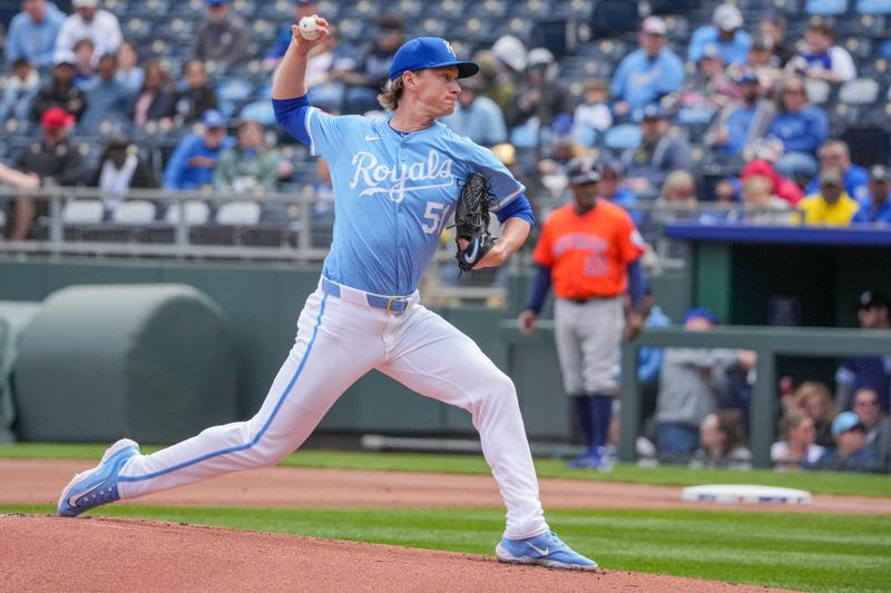 Apr 11, 2024; Kansas City, Missouri, USA; Kansas City Royals starting pitcher Brady Singer (51) delivers a pitch against the Houston Astros in the first inning at Kauffman Stadium. Mandatory Credit: Denny Medley-USA TODAY Sports