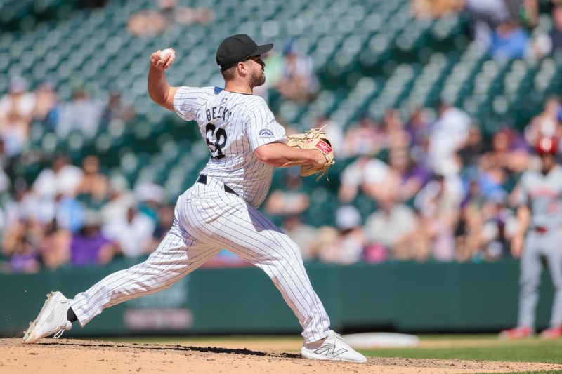 Jun 5, 2024; Denver, Colorado, USA; Colorado Rockies relief pitcher Jalen Beeks (68) delivers a pitch during the ninth inning against the Cincinnati Reds at Coors Field. Mandatory Credit: Andrew Wevers-USA TODAY Sports