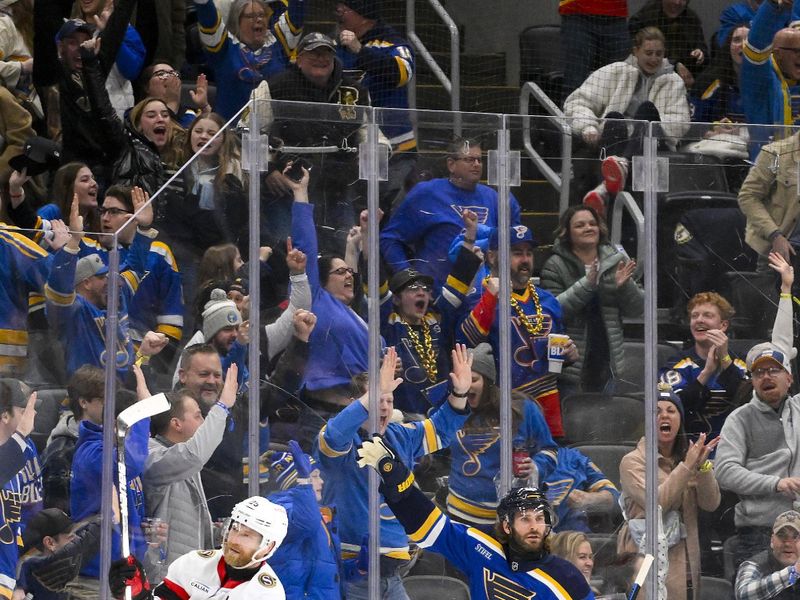 Jan 3, 2025; St. Louis, Missouri, USA;  St. Louis Blues left wing Brandon Saad (20) reacts after scoring his third goal for a hat trick against the Ottawa Senators during the third period at Enterprise Center. Mandatory Credit: Jeff Curry-Imagn Images