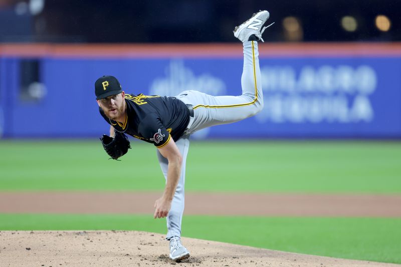 May 14, 2025; New York City, New York, USA; Pittsburgh Pirates starting pitcher Bailey Falter (6) follows through on a pitch against the New York Mets during the first inning at Citi Field. Mandatory Credit: Brad Penner-Imagn Images