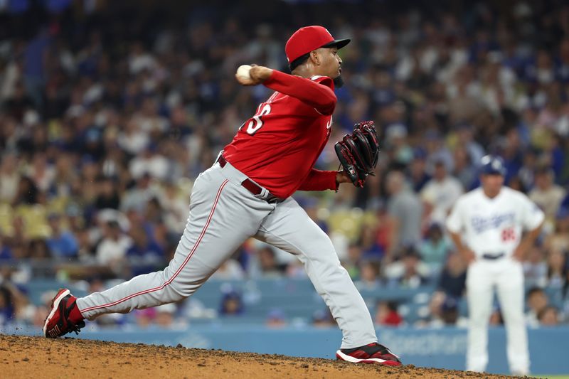 Jul 28, 2023; Los Angeles, California, USA;  Cincinnati Reds relief pitcher Alexis Diaz (43) pitches during the ninth inning against the Los Angeles Dodgers at Dodger Stadium. Mandatory Credit: Kiyoshi Mio-USA TODAY Sports