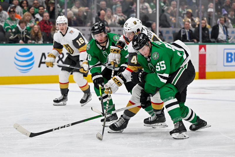 Dec 9, 2023; Dallas, Texas, USA; Vegas Golden Knights center Paul Cotter (43) attempts to skate through Dallas Stars defenseman Ryan Suter (20) and defenseman Thomas Harley (55) in the Stars zone during the third period at the American Airlines Center. Mandatory Credit: Jerome Miron-USA TODAY Sports